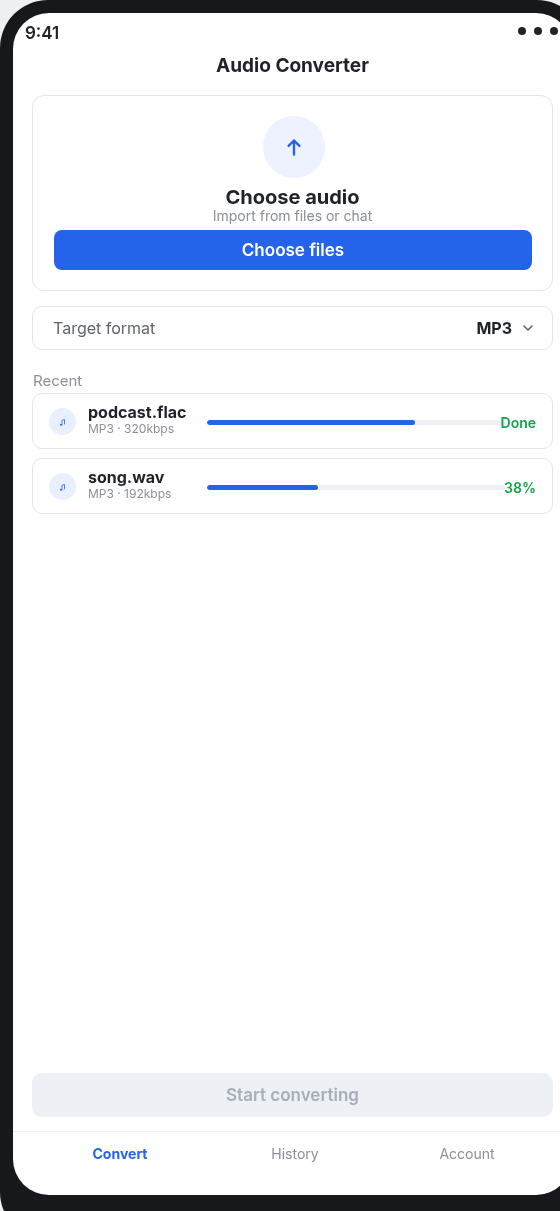 Audio Converter mobile app interface on Android